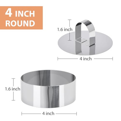 HULISEN Round Cake Ring Mold, Stainless Steel 4" Cooking Crumpet Rings with 1 Pusher & 4 Food Form, Tuna Tartare Mold for Pancake, Salad, Mousse - size: 4 Round/ Set-4 Inch with Pusher