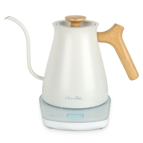 Harriet Gooseneck Electric Kettle 1200W Fast Heat, 0.8L Stainless Steel, Precision Temp Control & Timer, Wood Handle - color: White