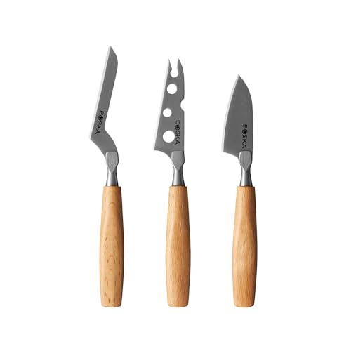 BOSKA Cheese Knife Set Amigo Small - Set of 5 Small Knives for All Cheese Types - Ergonomic Beech Wood Handle - Stainless Steel - Non-stick Thanks to BSF Treatment - style: 3-Piece Stainless steel Knife Set