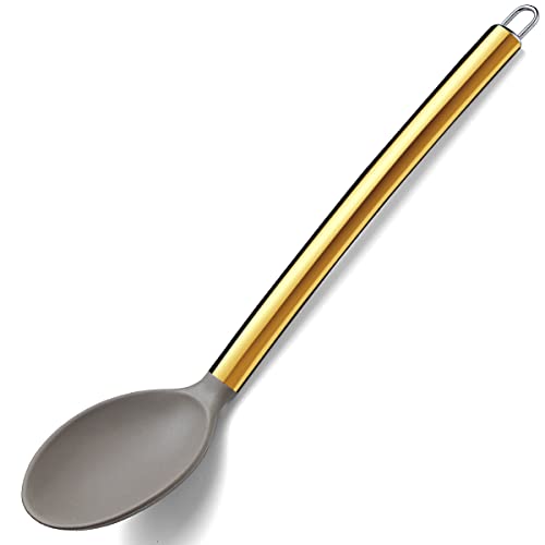 Berglander Non-stick Silicone Solid Serving Spoon, Titanium Gold Plating handle, Basting Spoon, Dishwasher Safe, Easy to Clean - style: c. Solid Spoon