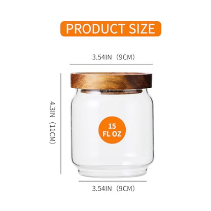 15 OZ Glass Jars with Airtight Acacia Wood Lids, 4 PCS | Kitchen Storage Container, High Borosilicate Glass Canisters for Tea, Sugar, Coffee Beans