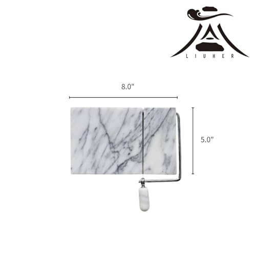 Marble Cheese Slicer for Block Cheese, 5" x 8" White Marble Cheese Board and Cutter with 2 Replacement Stainless Steel Wires, Heavy Duty Cheese Slicer Kit for Home Kitchen and Charcuterie