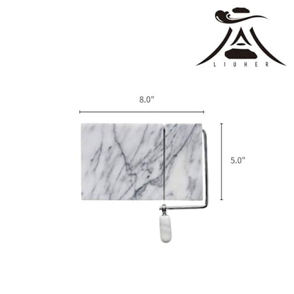 Marble Cheese Slicer for Block Cheese, 5" x 8" White Marble Cheese Board and Cutter with 2 Replacement Stainless Steel Wires, Heavy Duty Cheese Slicer Kit for Home Kitchen and Charcuterie