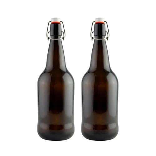 FastRack 33 oz Amber Swing Top Glass Bottles – 2 Pack | Flip Top Airtight Bottles (Not Olive Oil Style) | UV-Protective Bottles for Kombucha, Beer, Soda & Fermentation - color: Amber