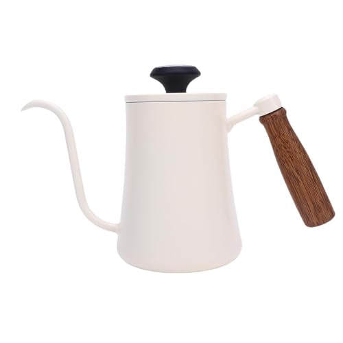 Pour Over Kettle with Thermometer, 304 Stainless Steel Drip Kettle 600ML, Long Spout Precise Control Wood Handle, for Home Coffee Tea Brewing Barista Use (White) - color: White