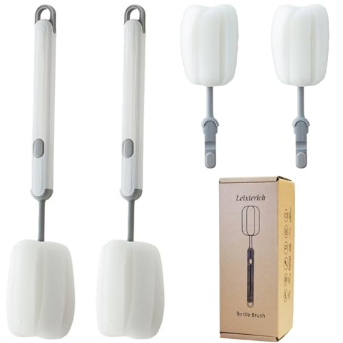 Bottle Brush Long Handle Cup Cleaner Brush Sponge Bottle Scrubber Detachable Handle Portable Sponge Cleaning Brush for Cups Wine Glasses Water Bottles Baby Bottles and Vacuum Flasks (White) - color: White