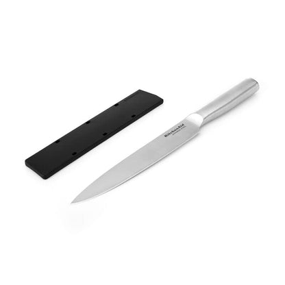 KitchenAid Gourmet Forged Slicer Knife with Custom-Fit Blade Cover, 8-inch, Sharp Kitchen Knife, Japanese Stainless Steel Blade, Brushed Stainless Steel Handle - style: 8-Inch Slicer Knife