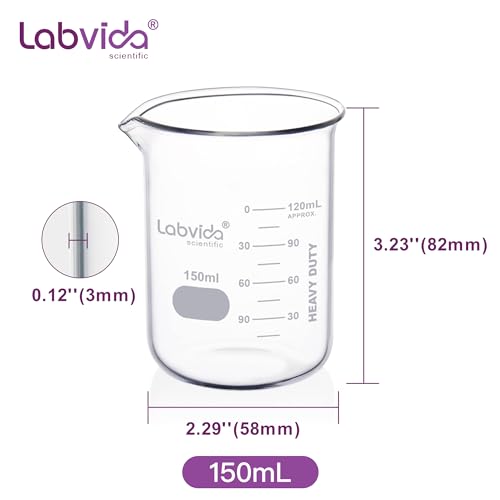 12pcs 150ml Upgrated Thick Glass Beakers, Griffin Low Form Beaker Set with Double Scale, 3.3 Boro, LVA007 - style: 12pcs of Vol.150ml
