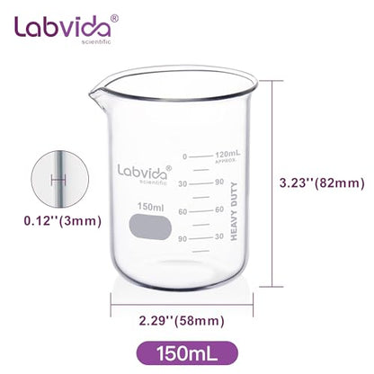 12pcs 150ml Upgrated Thick Glass Beakers, Griffin Low Form Beaker Set with Double Scale, 3.3 Boro, LVA007 - style: 12pcs of Vol.150ml