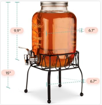 Estilo Gallon Drink Dispenser with Stand - Glass Beverage Dispenser with Stand for Weddings - Sun Tea Jar with Spigot 1 Gallon - Countertop Glass Water Dispenser for Lemonade and Parties - style: Single w/ Stand