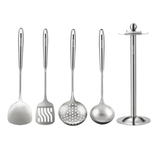 5 Pieces Cooking Utensils set, 18/8 Stainless Steel Kitchen Utensil Set with Rotating Holder (Dishwasher Safe) - size: 18/8 Stainless Steel Utensil Set of 5