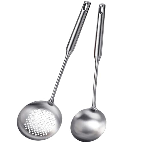 Soup Ladle and Slotted Spoon Set of 2, Metal 316 Stainless Steel Kitchen Ladles Food Strainer, Large Cooking Ladel and Fryer Scoop Kitchen Utensil Set for Stirring Serving Draining Frying - style: 2PCS