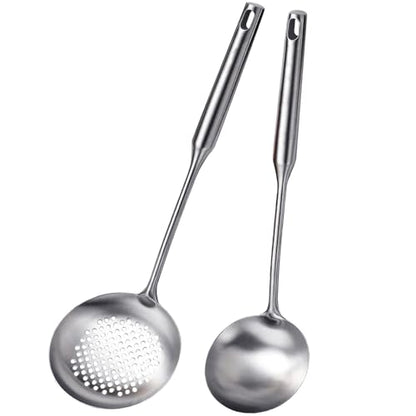 Soup Ladle and Slotted Spoon Set of 2, Metal 316 Stainless Steel Kitchen Ladles Food Strainer, Large Cooking Ladel and Fryer Scoop Kitchen Utensil Set for Stirring Serving Draining Frying - style: 2PCS