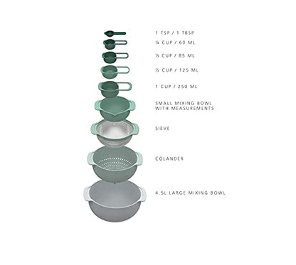 Joseph Joseph Nest 9 Plus, 9 Piece Compact Food Preparation Set with Mixing Bowls, Measuring cups, Sieve and Colander, Editions Range, Sage Green - color: Green, style: Plastic