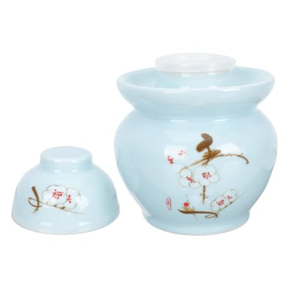 PRETYZOOM Ceramic Pickle Jar with Double Lid Sealed Fermentation Crock Vintage Blue Plum Pattern Vegetable Fermenting Jar for Kitchen Storage and Sauerkraut Preservation