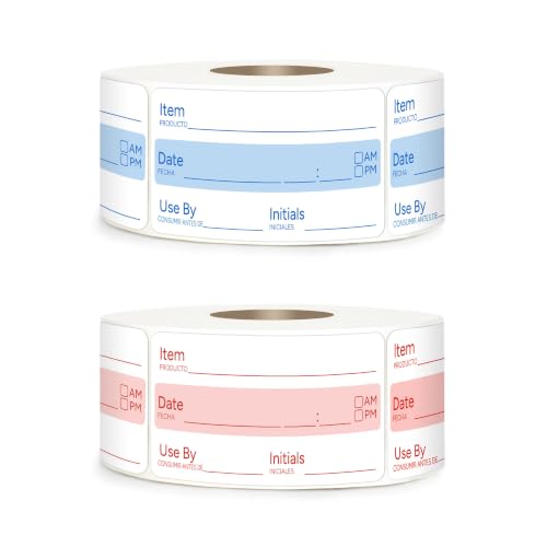 2 Rolls 1000 Pcs 1 X 2 inch Removable Food Date Sticker Labels, Easy to Write for Freezer, Refrigerator Food Containers Date Sticker, Leftover Labels - style: Blue-Red-Spanish-no-week