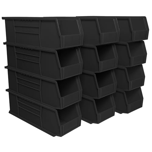 Akro-Mils 30234 AkroBins Plastic Storage Bins, Space-Saving Stackable Bins for Garage, Pantry, Craft Organization, 15" x 5" x 5", Black, 12-Pack - color: Black