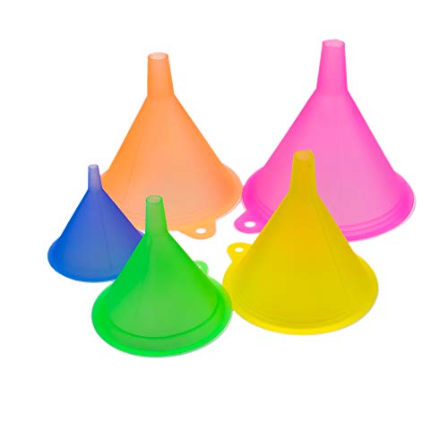 AUEAR, Candy Colors Plastic Funnel Set for Quick and Clean Transferring Kitchen Liquid Spices Powder Cosmetic Lotion Essential Oils Food Grade 5 Different Sizes (5 Pcs)