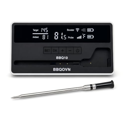 BBQOVN Wireless Smart Meat Thermometer | Unlimited Range Sub-1G IP68 Waterproof Large Magnetic Base Display for Grill, Smoker, Oven & Kitchen