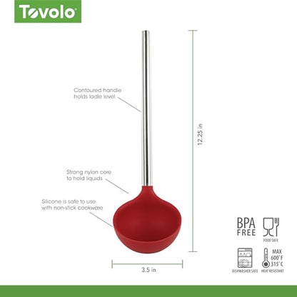 Tovolo Silicone Ladle With Stainless Steel Handle Deep Soup Ladle for Cooking Canning Serving Soup Punch Stew Sauce, Large Kitchen Utensil Spoon Dishwasher Safe BPA Free Silicone Cayenne Red - color: Cayenne