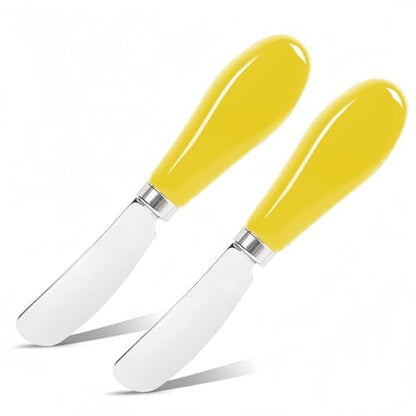 Butter Spreader Knife Set, 2-Pack Stainless Steel Cheese and Butter Knives with Ceramic Handle, Dishwasher Safe, for Soft & Hard Cheese, Jam, Cold Butter (yellow) - color: yellow