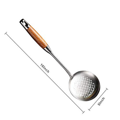 Slotted Spoon,304 Stainless Steel Skimmer Spoon with Heat Resistant Wooden Handle,Silver/15.8Inch - style: Skimmer Spoon-wood handle