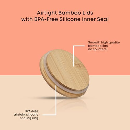 JoyJolt Borosilicate Glass Jars With Bamboo Lids. 6 Pc Set of Air Tight Sealable Containers. Food Jar Canisters with Airtight Lid for Pantry Storage and Kitchen Organization. - style: Bamboo Covers