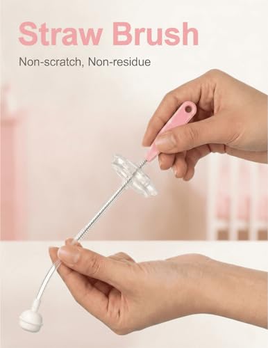 Baby Bottle Brush Set 4 in 1, Baby Bottle Cleaner, with 1P Nylon Bottle Brush, 1P Bottle Cap Brushes, 2P Straw Brushes, Bottle Brush with Nipple Cleaner and Suction Cup, BPA-Free(Pink) - color: Pink-nylon Brush