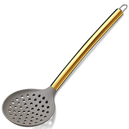 Gold Skimmer, Berglander Non-stick Silicone Strainer With Titanium Gold Plating handle, Kitchen Cooking Skimmers For Non-Stick Cookware, Dishwasher Safe, Easy to Clean - style: h. Skimmer