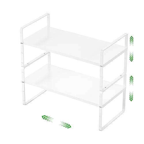 Expandable Cabinet Storage Shelf Stackable Organizer Rack for Kitchen Bathroom Pantry Spice Cupboard Countertop Home Office Desk Heavy Duty Nonslip White Large 2 PACK - color: Smooth White, size: Large - 10.2"D - 2 Pack
