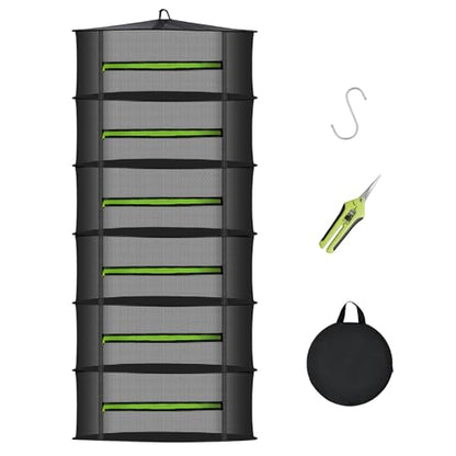 MEKOLIFE Herb Drying Rack with Mesh Design, Hanging Drying Rack with Green Zipper & Garden Pruning Shears – Versatile Plant Drying Solution (6 Layers) - size: 6 Layers