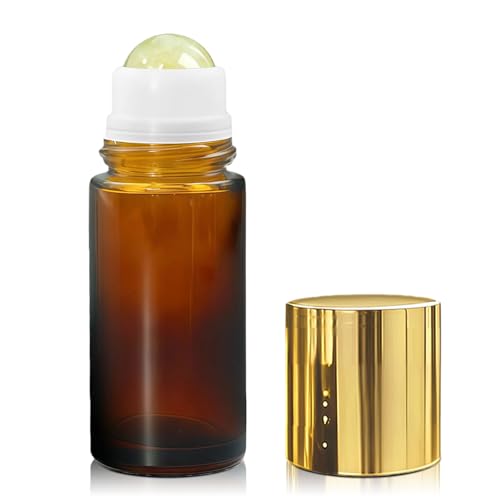 Citrine Crystal Roller Bottles for Essential Oils, 50ml Refillable Amber Glass Roll On Bottles with Natural Crystal Roller Balls, Leak-Proof Travel Perfume Bottle with Gold Caps - color: Yellow