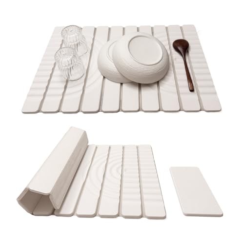 Stone Drying Mat for Kitchen Counter, 23.62"X15.35" Absorbent Diatomaceous Collapsible Quick Drying Dish Mats，Roll This Non-Slip Highly Absorbent Drying Mat Into a Compact Size for Seamless Storage - color: White