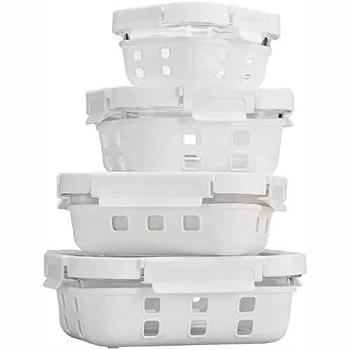 GENICOOK Glass Food Storage Meal Prep Containers - Food Grade Silicone Wrap & Air Release Vent, Rectangular shape - 8 Pc Set (4 Containers - 4 Matching Lids) - color: White silicone
