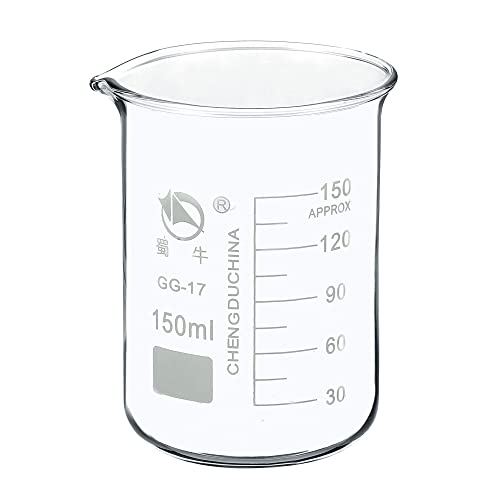PATIKIL 150ml Low Form Glass Beaker, 3.3 Borosilicate Glass Graduated Printed Scale Measuring Cups with Spout for Kitchen Lab Liquids Transit Boiling - size: 150ml