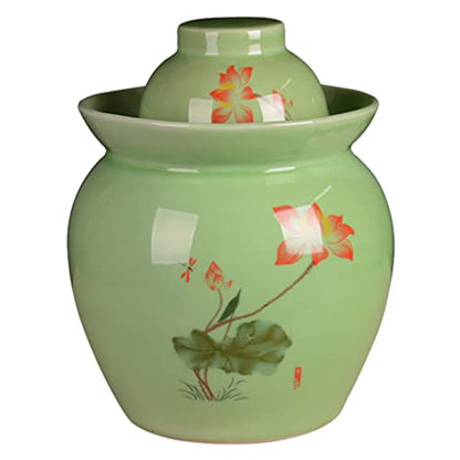 ZHOUXIAO Green Traditional Chinese Ceramic Fermenting Jar Fermentation Crock Food Storage Containers Pickle Jars with Water Seal Airlock Lid Sealing Jars for Sauerkraut 0.75KG