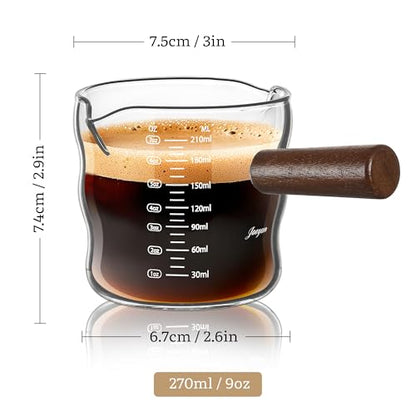 Joeyan Espresso Measuring Cup, Espresso Shot Cups, Glass Measuring Cup with Double Spouts and Wood Handle, Wave Shaped Triple Pitcher Milk Cup, Borosilicate Clear Coffee Bar Accessories, 9 oz - color: Clear wavy espresso cup- double spouts