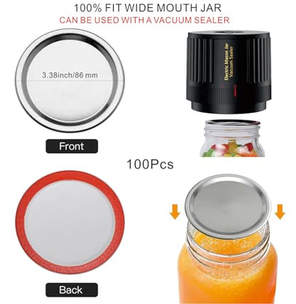 100Pcs Canning Lids Wide Mouth, Premium Mason Jar Lids for Ball, Kerr Jars - Food Grade Material, 100% Fit & Airtight for Wide Mouth Mason Jars (3.38inch/86mm) - size: 3.38inch/86mm