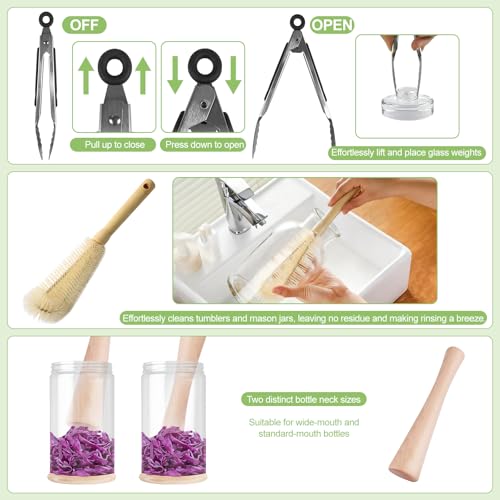 Fermentation Kit for Wide Mouth Mason Jars-4 Stainless Steel Fermentation Lids,4 Glass Fermentation Weights,1 Silicone Tong,1 sauerkraut pound, 1Wooden Handle Brush Cleaner（ Jars Not Included ）