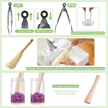 Fermentation Kit for Wide Mouth Mason Jars-4 Stainless Steel Fermentation Lids,4 Glass Fermentation Weights,1 Silicone Tong,1 sauerkraut pound, 1Wooden Handle Brush Cleaner（ Jars Not Included ）