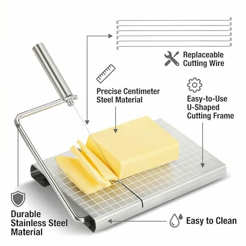 Versatile Stainless Steel Cheese Slicer with 6 Replacement Wires & Cutting Board Metal Cheese Cutter for Block Cheese Slices (Silver)