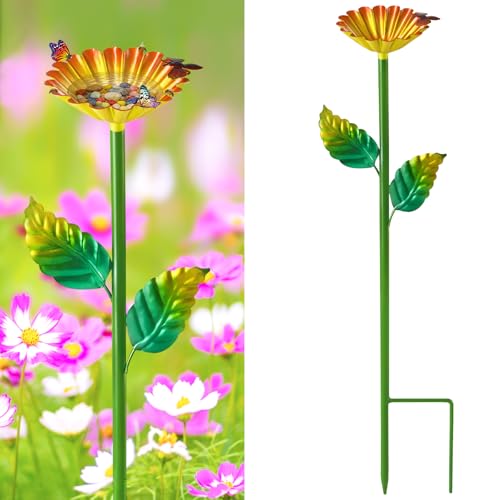 Bee Watering Station, Metal Bee Water Station with Flower Design Colorful Butterfly Bath Bowl Drinking Feeder Cups for Outdoor Garden Yard Decor (Yellow) - color: 1 Pack (Yellow)