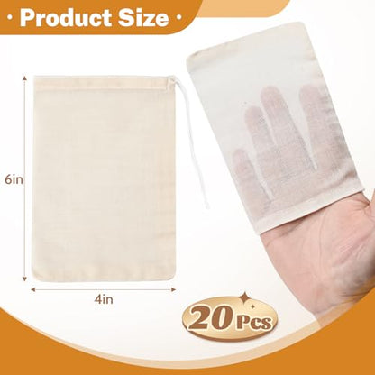 20 Pcs Muslin Bags with Drawstring, Reusable Tea Bags, Spice Bags for Cooking Soup/Herb/Loose Leaf Tea, Natural Cotton Cheese Cloth Bag for Straining, Sachet Bags Empty, 6 x 4 Inches - size: 6 x 4 inches