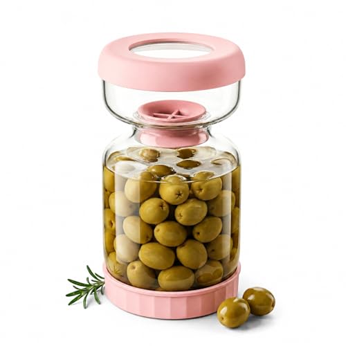 Homnoble Olive Pickle Jar Container with Strainer Pickling Jar, Glass Pink | Hourglass Pickle Flip Jar with Strainer, Pickle Holder Keeper Upgrade Food-grade ABS Lid and BPA Free Airtight Food Storage - color: Pink