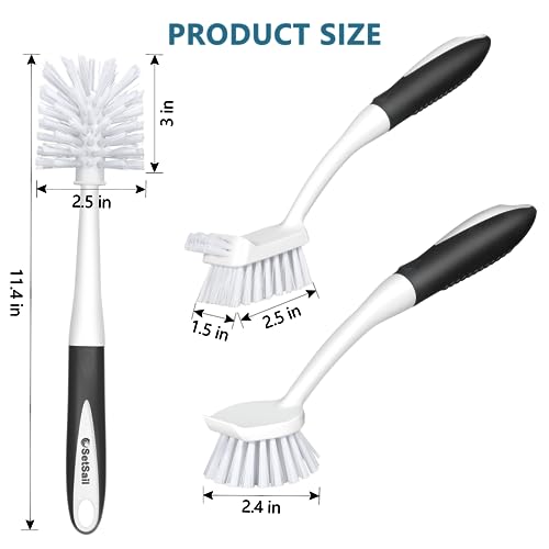 SetSail Dish Brush Set of 3 with Bottle Brush, Dish Scrub Brush with Long Handle Deep Cleaning Handle Brush with Scraper Tip for Kitchen Sink Dishes Bottle Cup Pot and Pans Tile Lines, Black - color: Black