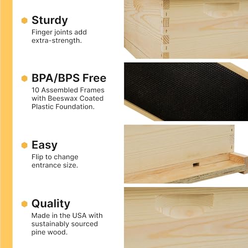 Mann Lake Traditional Complete Bee Hive Kit, 9⅝" Deep Hive Body with 10 Frames, Beeswax Coated Food-Grade Plastic Foundation, Weather Resistant Telescoping Cover & Bottom Board, Made in USA, Unpainted - color: Not Painted Hive Kit