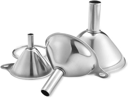 3 Pack Stainless Steel Funnels Set - Large & Small Food Grade Mini Metal Kitchen Funnels for Transferring Essential Oils, Liquids, Fluids, and Filling Bottles or Flasks，Silver