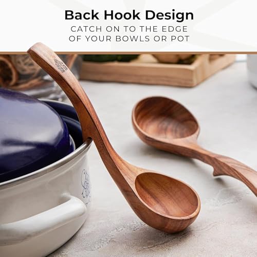 Wooden Ladle for Soup, 3 Size Teak Wood Ladle Spoon with Back Hooks for Pot & Bowl, Non-Stick Wooden Spoon Set for Cooking, Serving and Stirring - size: 3 Size Set