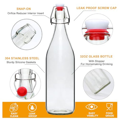 8 Pack 32oz Swing Top Glass Bottles,Flip Top Brewing Bottle with Airtight Stopper Lids, for Juice, Water, Kombucha, Wine, Beer Brewing, Kefir Milk or Eggnog(Bonus Gaskets and Funnel)