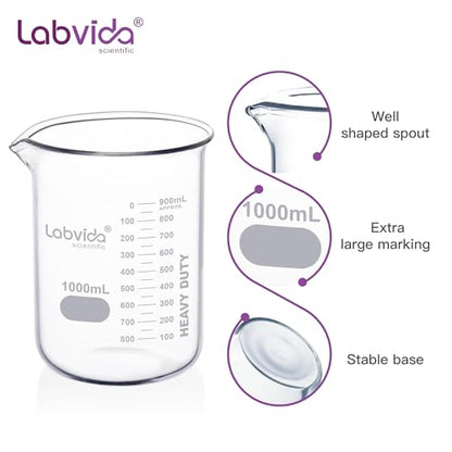 2pcs 1000ml Upgrated Thick Glass Beakers, Griffin Low Form Beaker Set with Double Scale, 3.3 Boro, LVA014 - style: 2pcs of Vol.1000ml